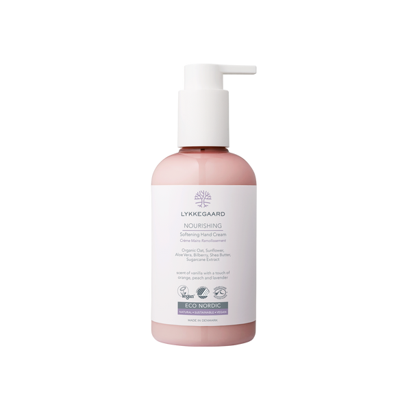 LYKKEGAARD Nourishing Softening Hand Cream in a pink pump bottle for deep hydration and silky smooth skin.