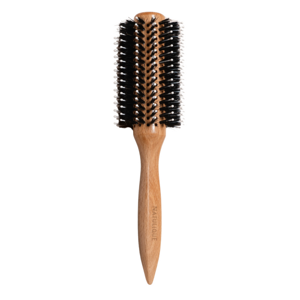 NATULIQUE Professional Wood Round Brush with natural bristles for smooth, shiny hair styling.