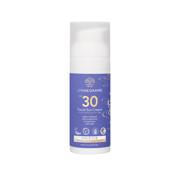 LYKKEGAARD Facial Sun Cream SPF 30 in a pump bottle, offering organic and lightweight sun protection for radiant skin.