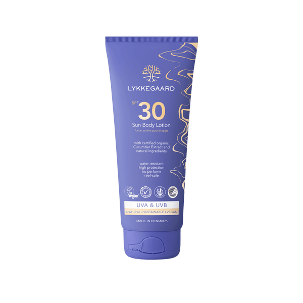 LYKKEGAARD Sun Body Lotion SPF 30 tube, vegan and water-resistant, offering invisible sun protection for hydrated skin.