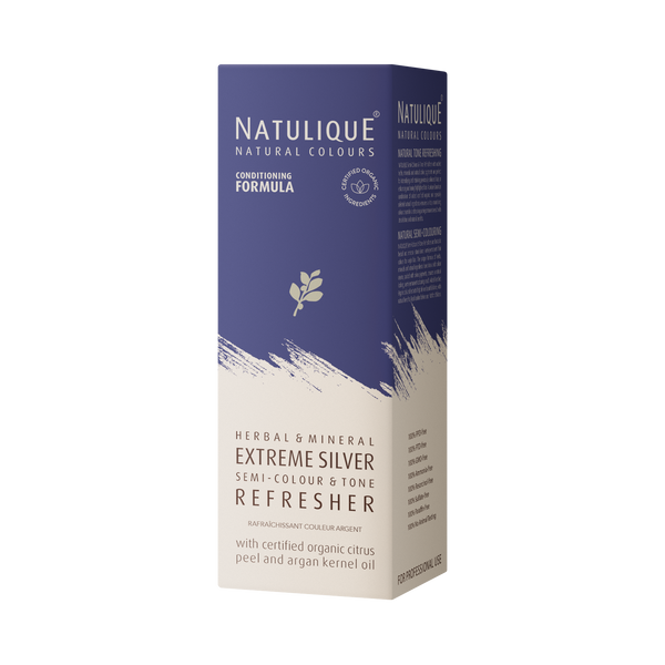 NATULIQUE Organic Extreme Silver Refresher box, a natural solution for radiant silver-toned hair and brassiness reduction.