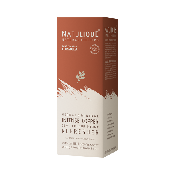NATULIQUE Organic Copper Refresher box featuring herbal and mineral formula for vibrant copper hair rejuvenation.