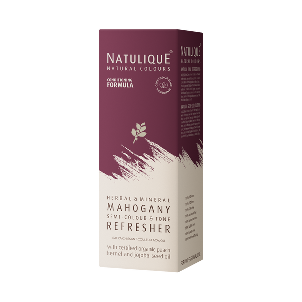 NATULIQUE Organic Mahogany Colour Refresher box with natural ingredients for vibrant hair revitalization.