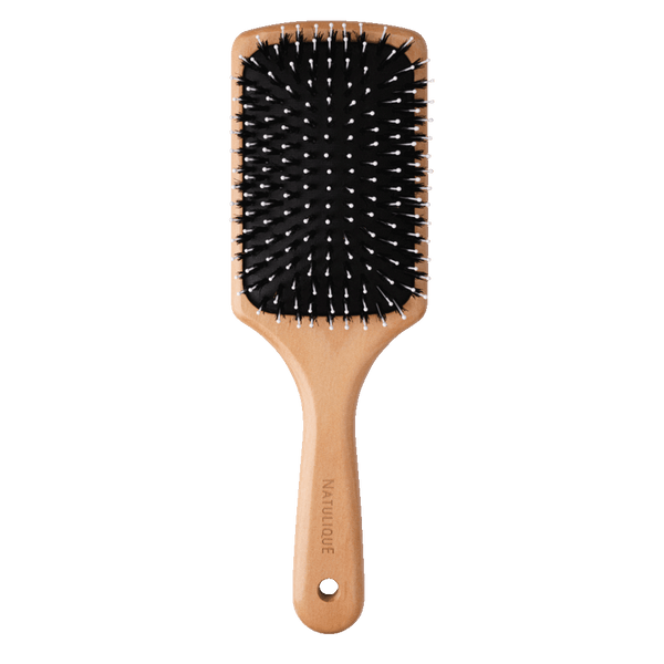 NATULIQUE Professional Paddle Brush with wooden handle and bristles for easy styling and detangling hair.