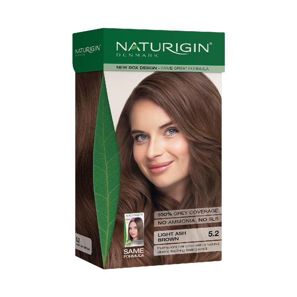 NATURIGIN Light Ash Brown 5.2 hair color box featuring a woman with elegant brown hair and a natural, sophisticated look.
