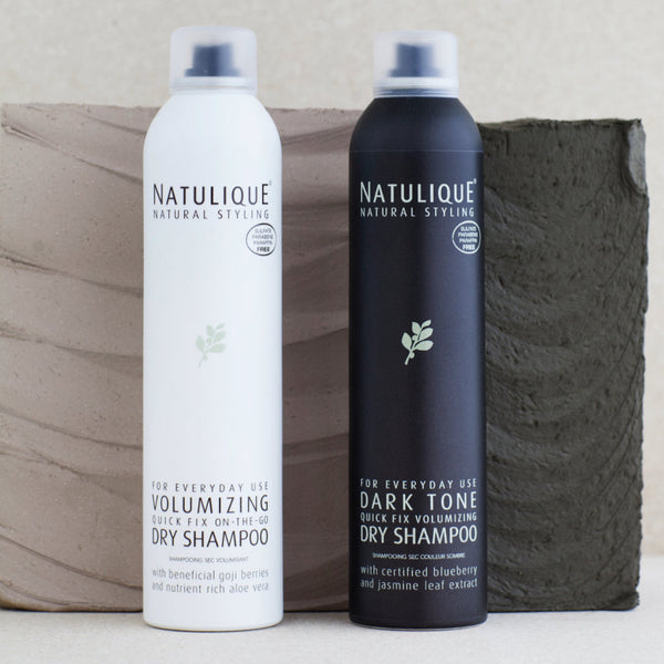 NATULIQUE Volumizing and Dark Tone Dry Shampoos, 98% organic, sustainable hair care products for professional quality styling.