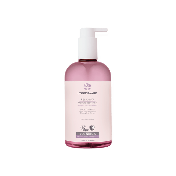 LYKKEGAARD Relaxing Moisture Body Wash bottle with pump, organic skincare for hydration and soothing luxury.