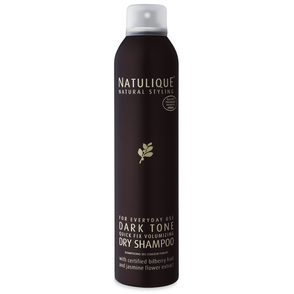 NATULIQUE Organic Volumizing Dark Dry Shampoo in a sleek black can, 98% organic, professional quality for instant refresh.