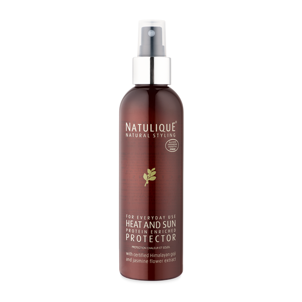 NATULIQUE organic heat and sun protector spray for hair, 98% organic, sustainable, professional quality, UV and heat damage protection.