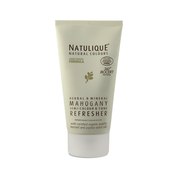 NATULIQUE Organic Mahogany Colour Refresher tube for revitalizing deep mahogany hair tones with natural ingredients.