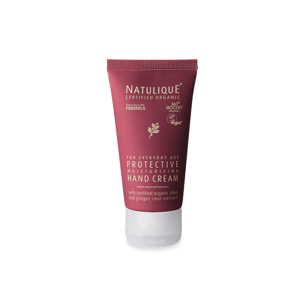 NATULIQUE Organic Protective Hand Cream tube for soft, nourished hands, featuring natural ingredients like shea and ginger.