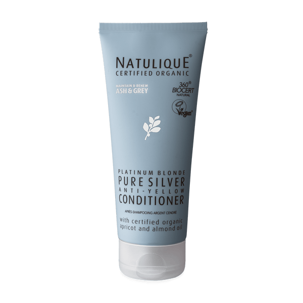 NATULIQUE Organic Pure Silver Conditioner tube for blonde and grey hair, hydrating and neutralizing brassiness naturally.
