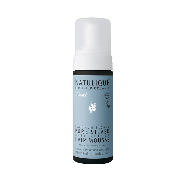 NATULIQUE Organic Pure Silver Hair Mousse bottle for radiant blonde and silver hair with anti-yellow protection.