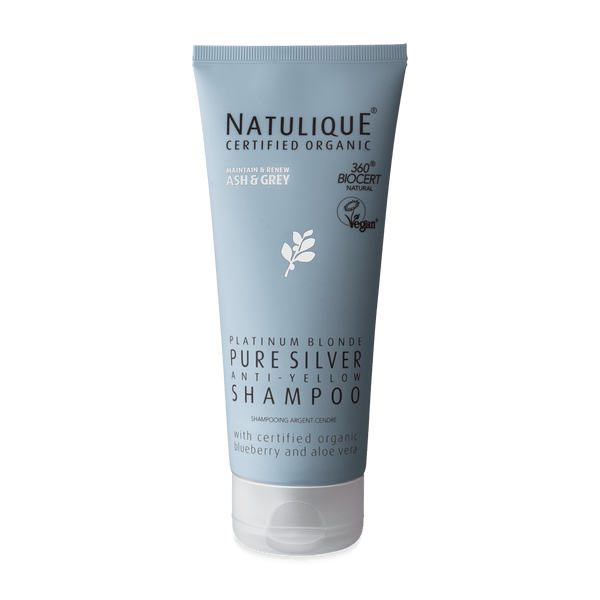 NATULIQUE Organic Pure Silver Shampoo for neutralizing brassiness and enhancing blonde hair, 98% organic and vegan.