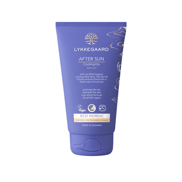 LYKKEGAARD Cooling Kiss After Sun cream tube, soothing hydration for sun-exposed skin, vegan and natural ingredients.