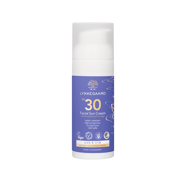 LYKKEGAARD Facial Sun Cream SPF 30 in a pump bottle, offering organic and lightweight sun protection for radiant skin.