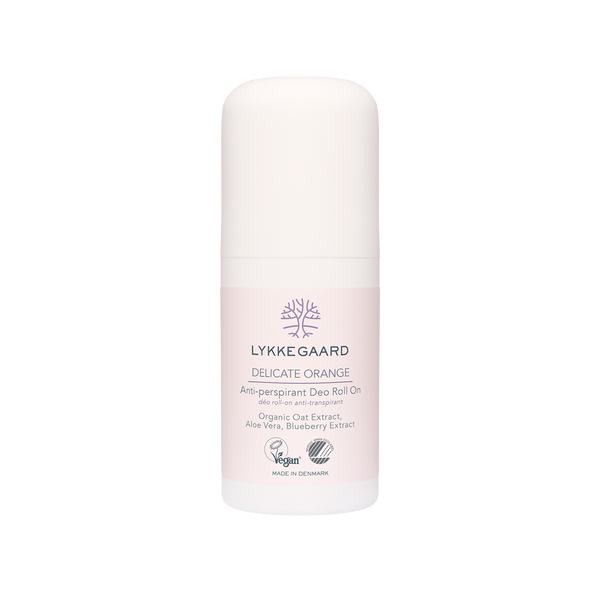 LYKKEGAARD Delicate Orange Anti-perspirant Deo Roll-On, natural freshness with organic ingredients for sensitive skin.