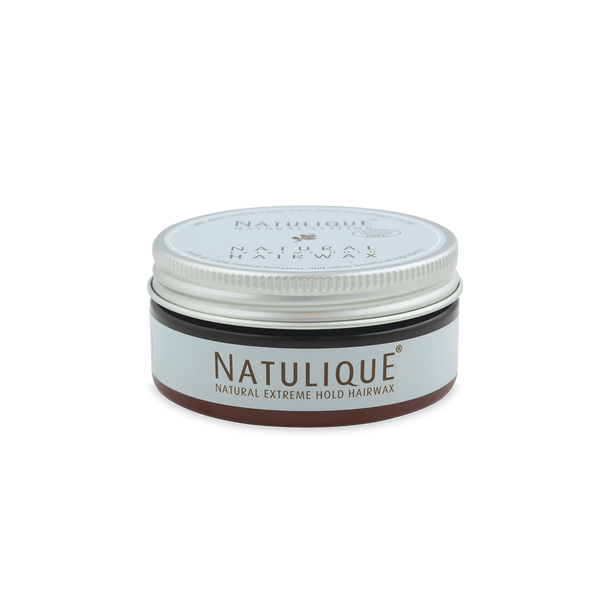NATULIQUE organic extreme hold hair wax in a round container, offering 98% organic, sustainable, professional quality for maximum control.
