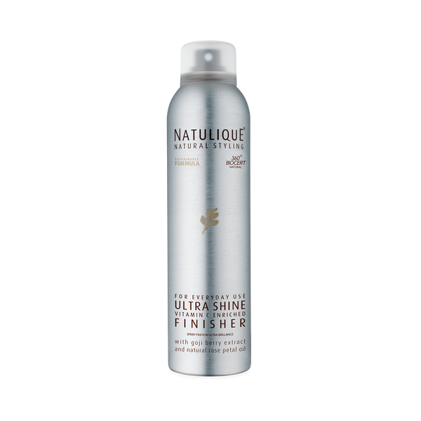 NATULIQUE Organic Ultra Shine Finisher spray bottle for radiant, glossy hair; 98% organic, professional quality.